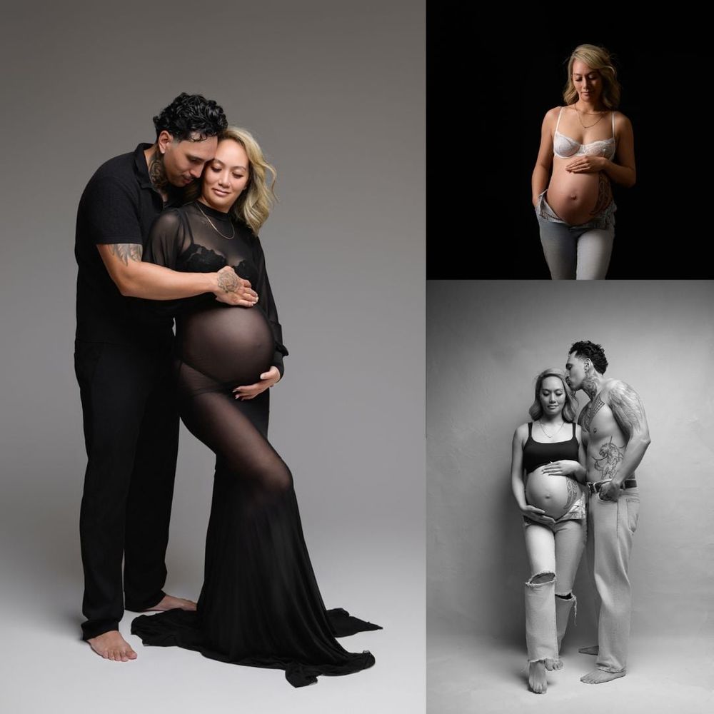 Couple maternity photoshoot collage featuring pregnant woman in black sheer gown with partner, studio photography.