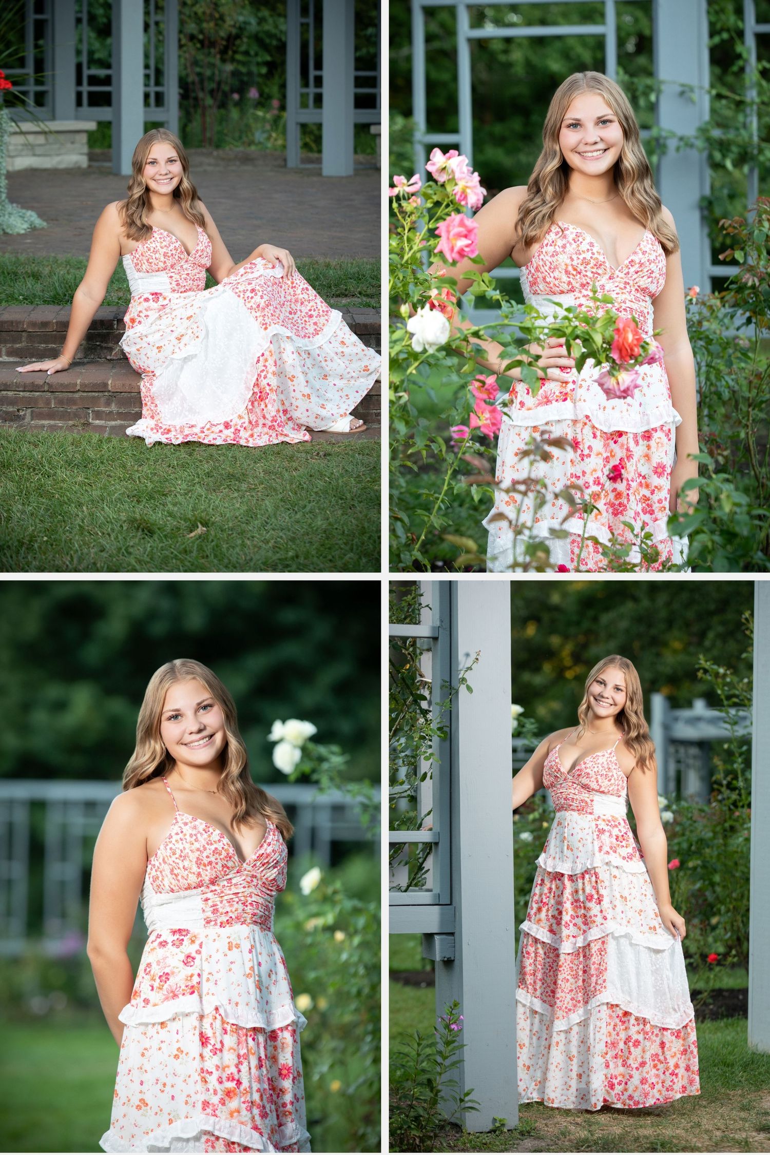 Olentangy senior pictures at Inniswood Metro Gardens with a floral dress, roses, and elegant outdoor portraits.