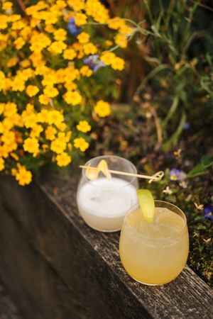 Two refreshing cocktails on a rustic wooden ledge surrounded by vibrant yellow and purple garden flowers.