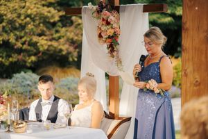 Woman in blue gown gives wedding toast while bride and groom sit at decorated outdoor reception table.