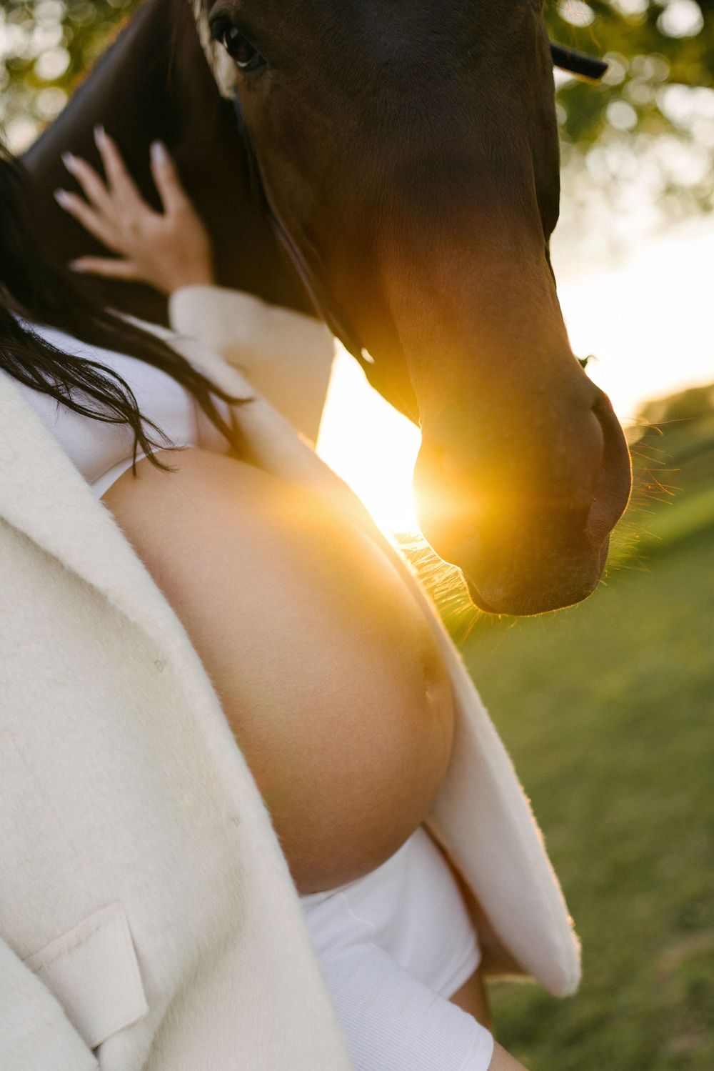 Close-up of an expectant mother's belly with a horse leaning in at sunset.