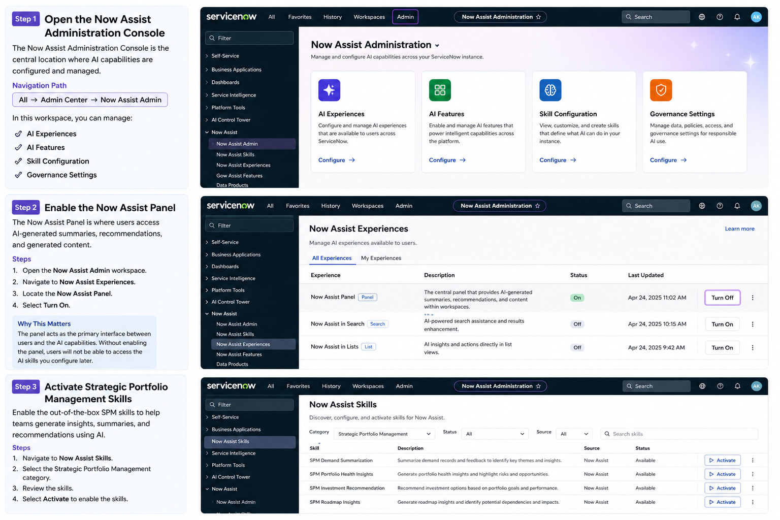 Screenshots of Now Assist Administration console showing configuration panels for experiences, skills, and settings.