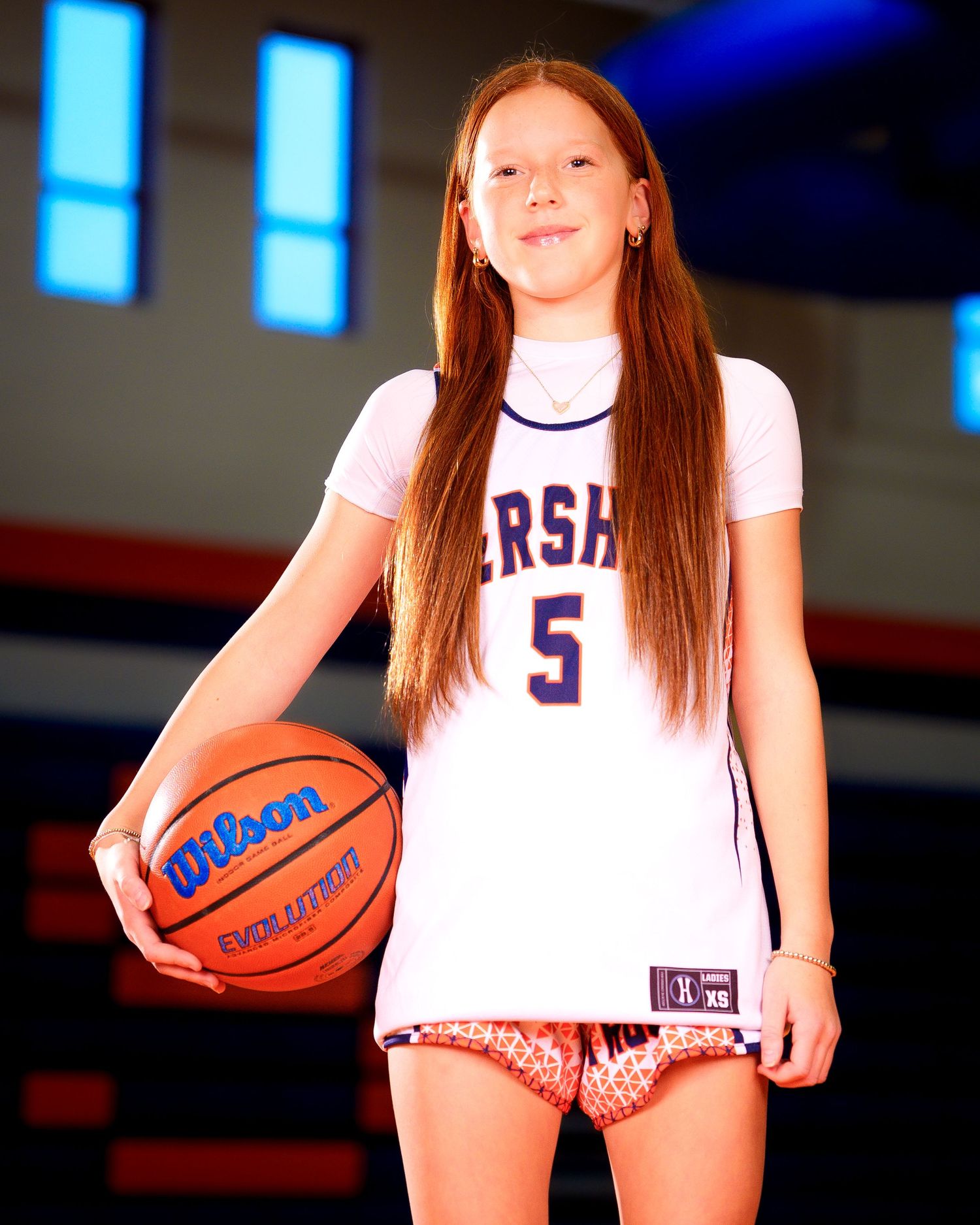 Hershey Middle School girls basketball player #5 holding a ball, media day, by Deanna Fox, SportsFox Photography based in Hershey PA