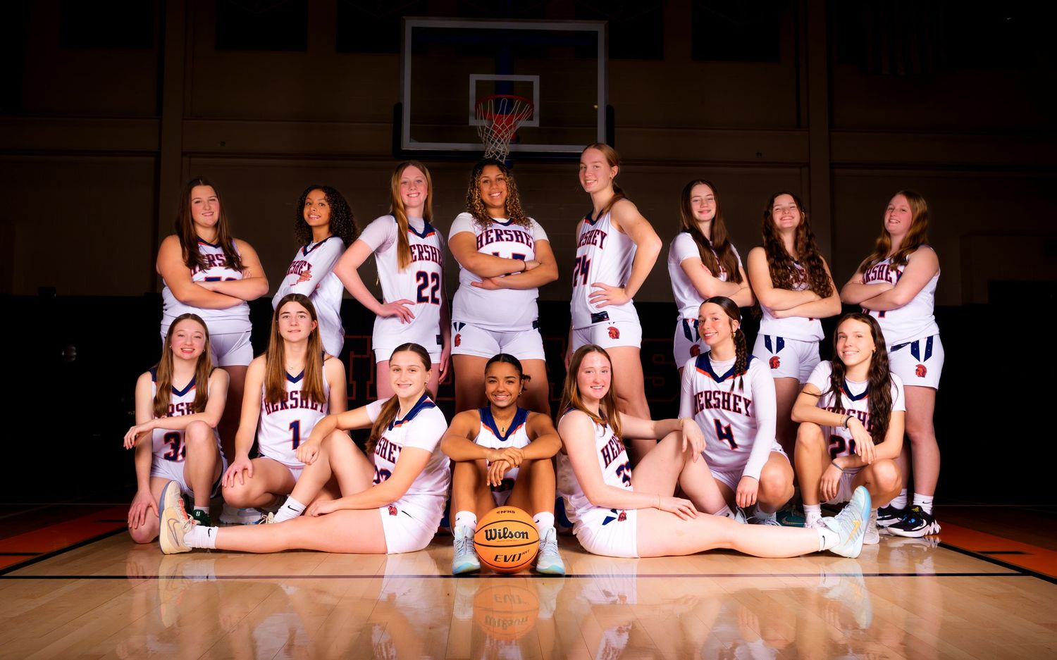 Hershey girls basketball team photo on the court, by Deanna Fox, SportsFox Photography based in Hershey PA