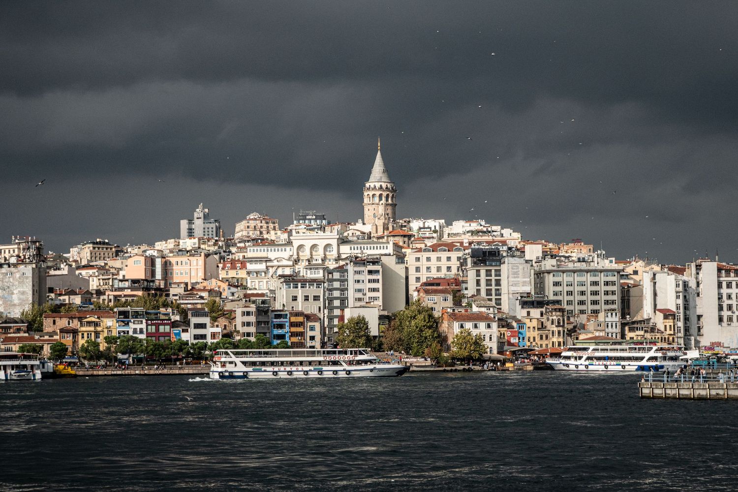 Bosphorus River Coast in Istanbul with dark clouds before a storm.