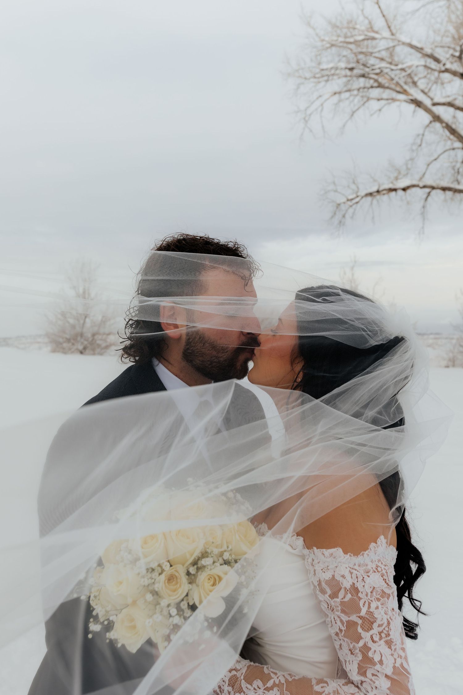 Bride and groom kissing under a flowing white veil in a snowy winter landscape, bride holding white rose bouquet.
