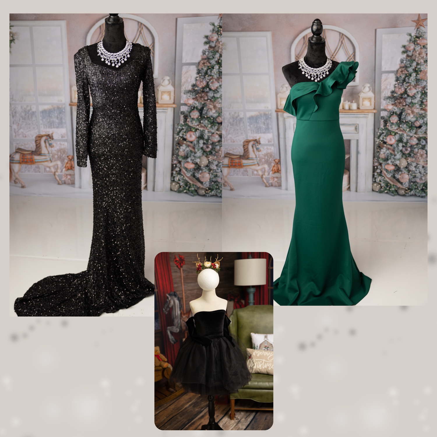 Three elegant formal gowns: black sequin long-sleeve, emerald green one-shoulder, and black tulle mini dress on mannequins.