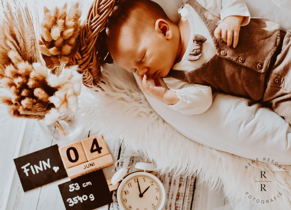 Newborn baby Finn sleeping peacefully surrounded by dried flowers, an alarm clock, and birth stat blocks showing 53cm and 3590g.