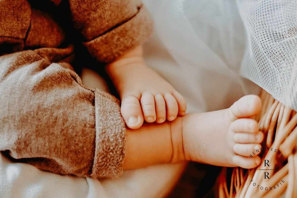 Close-up of a newborn baby's tiny hands and feet resting on a soft brown teddy bear blanket.