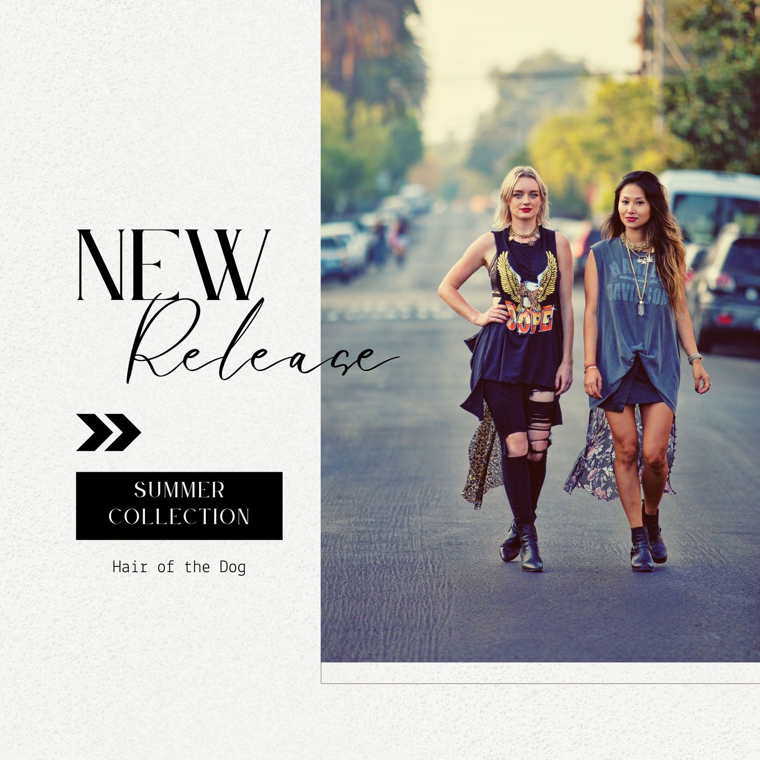 Two women walk down a sunny street wearing boho summer fashion outfits, promoting a new summer collection release.