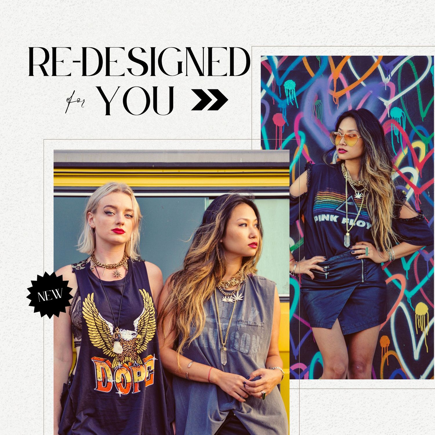 Two women model redesigned graphic tees in dark navy, styled with edgy accessories against colorful graffiti backdrops.
