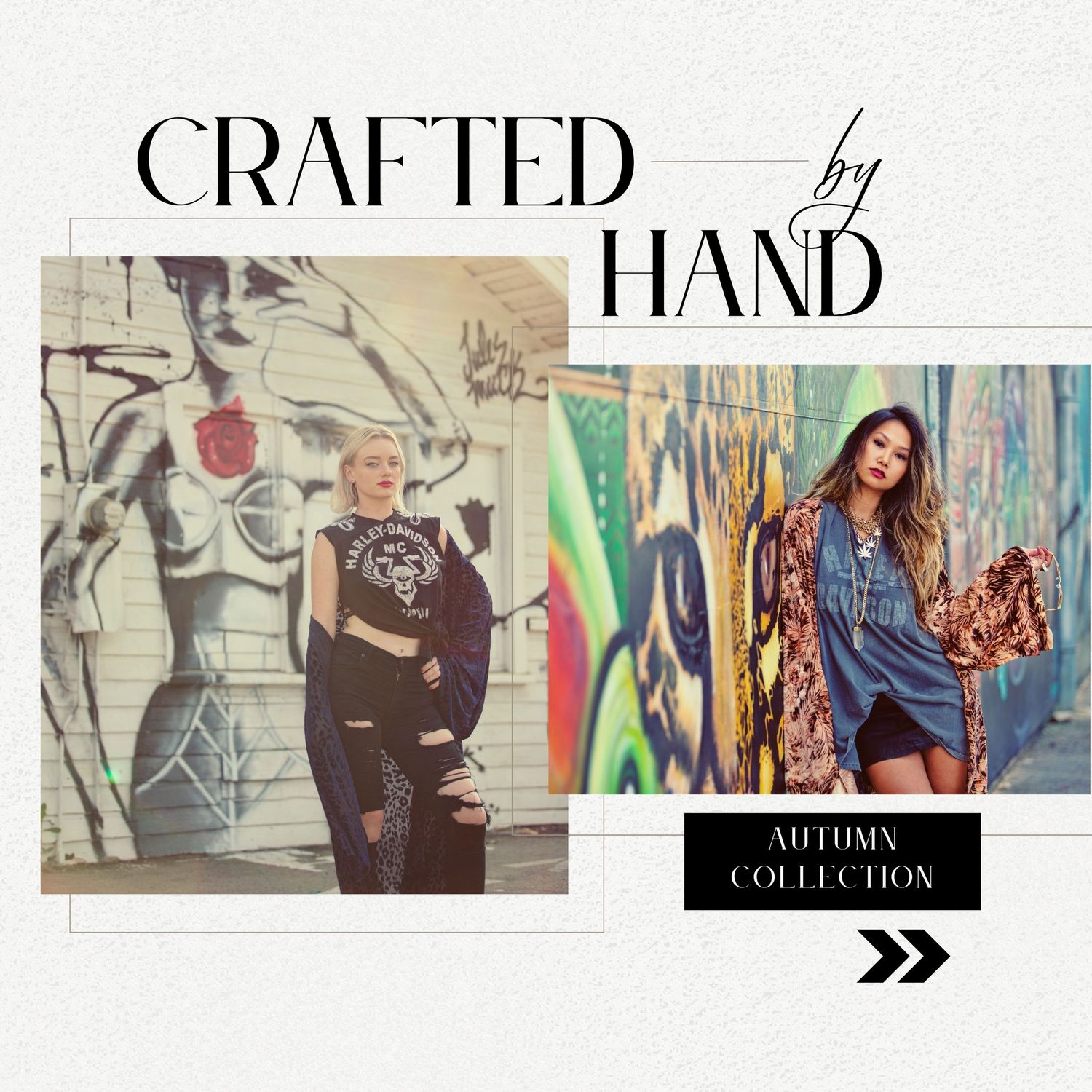 Two women pose in front of colorful graffiti walls in bohemian autumn fashion outfits for a crafted hand collection.
