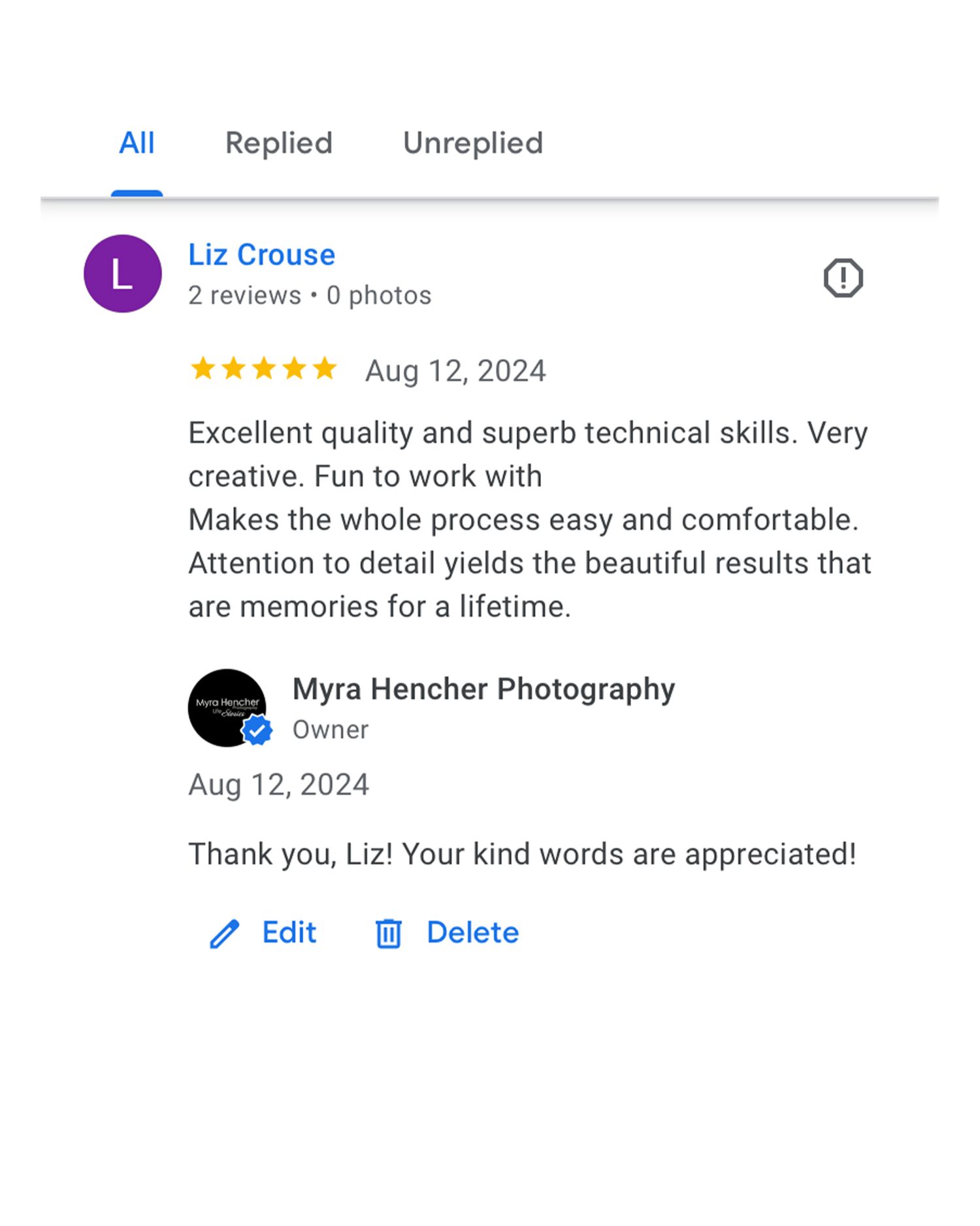 A screenshot of a positive 5-star review praising excellent quality, technical skills and creative photography services.