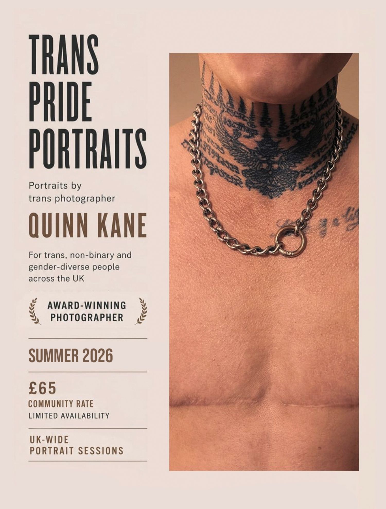 Trans Pride Portraits promotional flyer by Quinn Kane, UK-wide portrait sessions for trans and non-binary people, July 2026, £65.