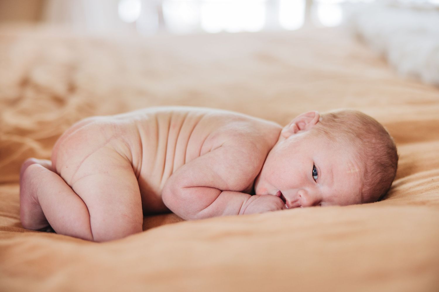 Newborn baby lying on a soft orange blanket, curled up in a peaceful sleeping position.