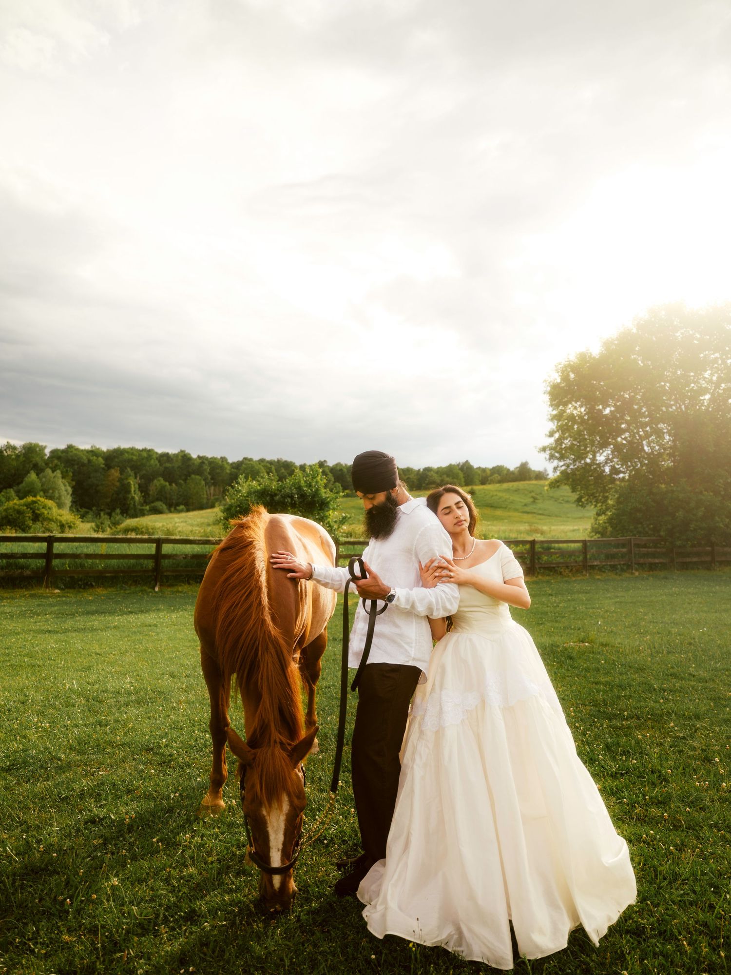 Bride and groom embrace beside a chestnut horse in a sunlit green meadow during golden hour wedding photos.