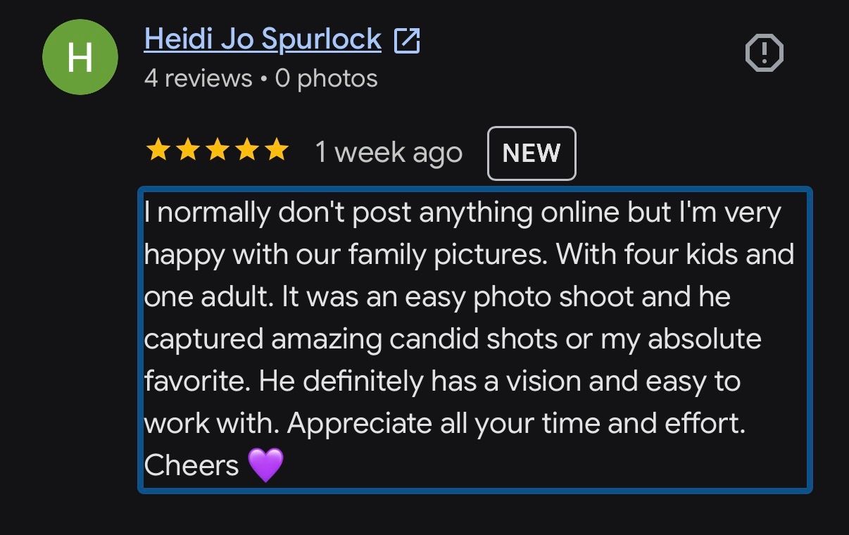 Five-star Google review praising a family photographer for candid shots, vision, and ease of working with, posted one week ago.