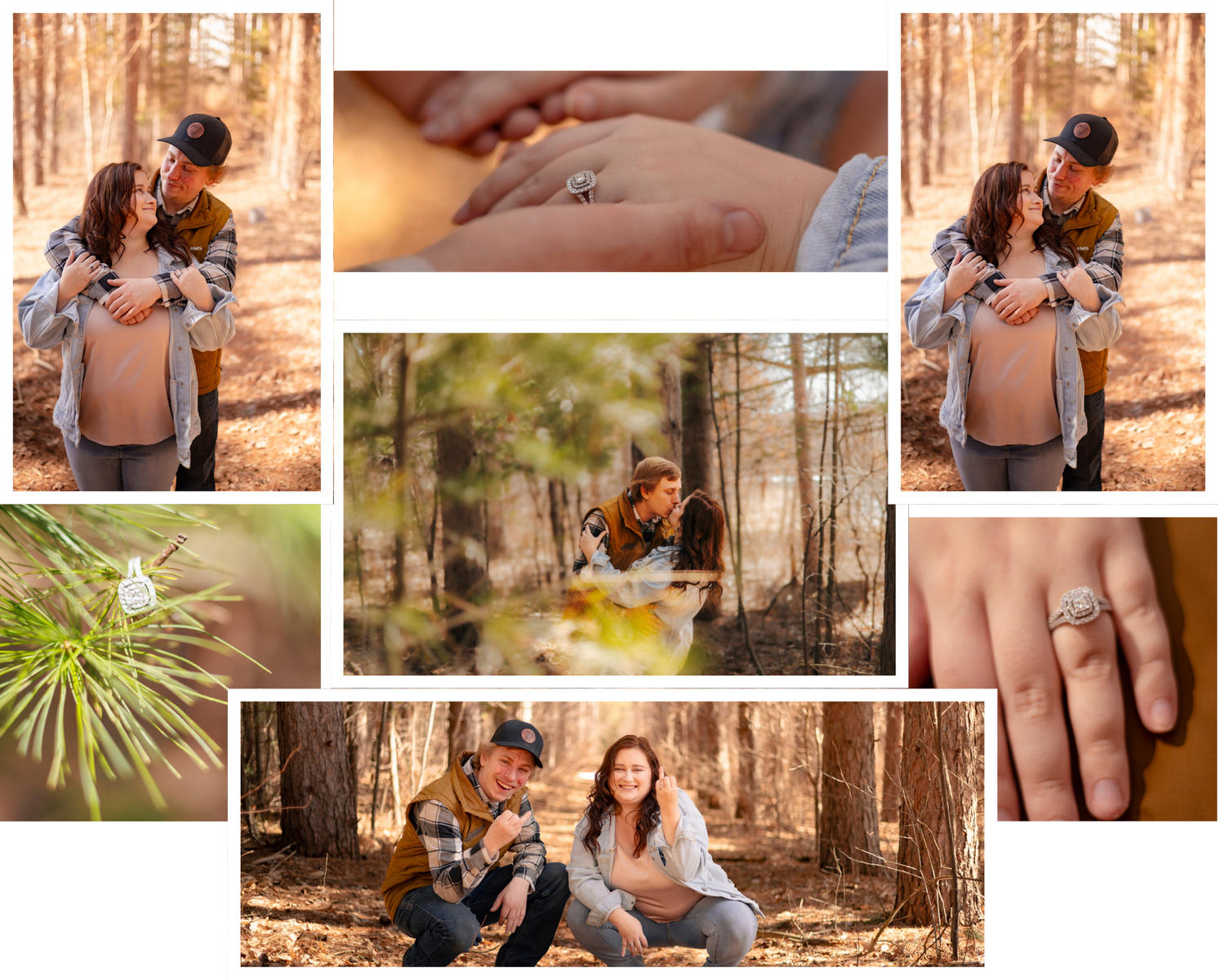 Romantic engagement photo collage featuring couple in pine forest, close-up ring shots, and tender moments among autumn trees.