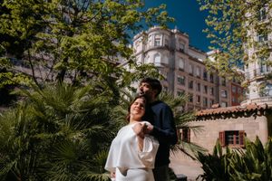 Romantic morning couple session surrounded by lush botanical plants at the private Jardin Julio Munoz