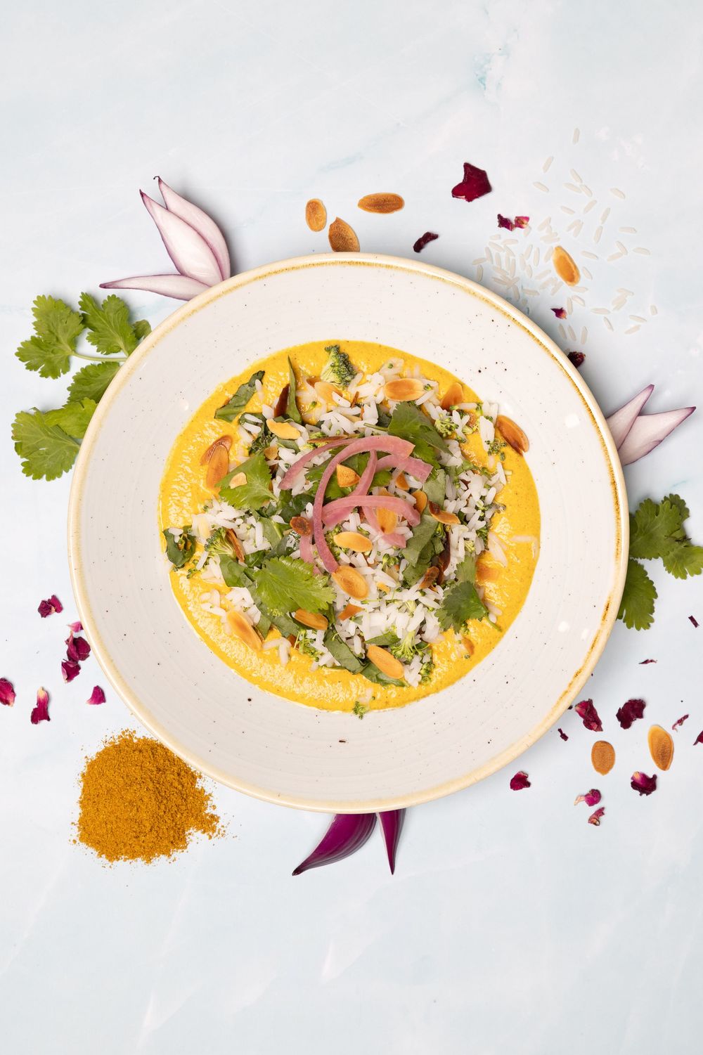 Creamy curry sauce drizzled on white plates garnished with fresh herbs, nuts and spices on a light background.