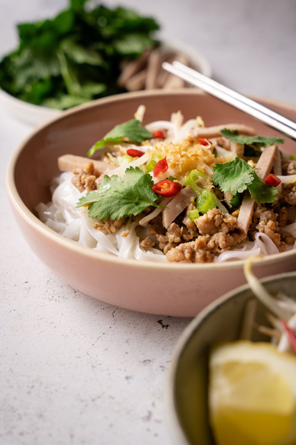 A bowl of Vietnamese rice noodles topped with seasoned ground pork, fresh herbs, and chili garnish.