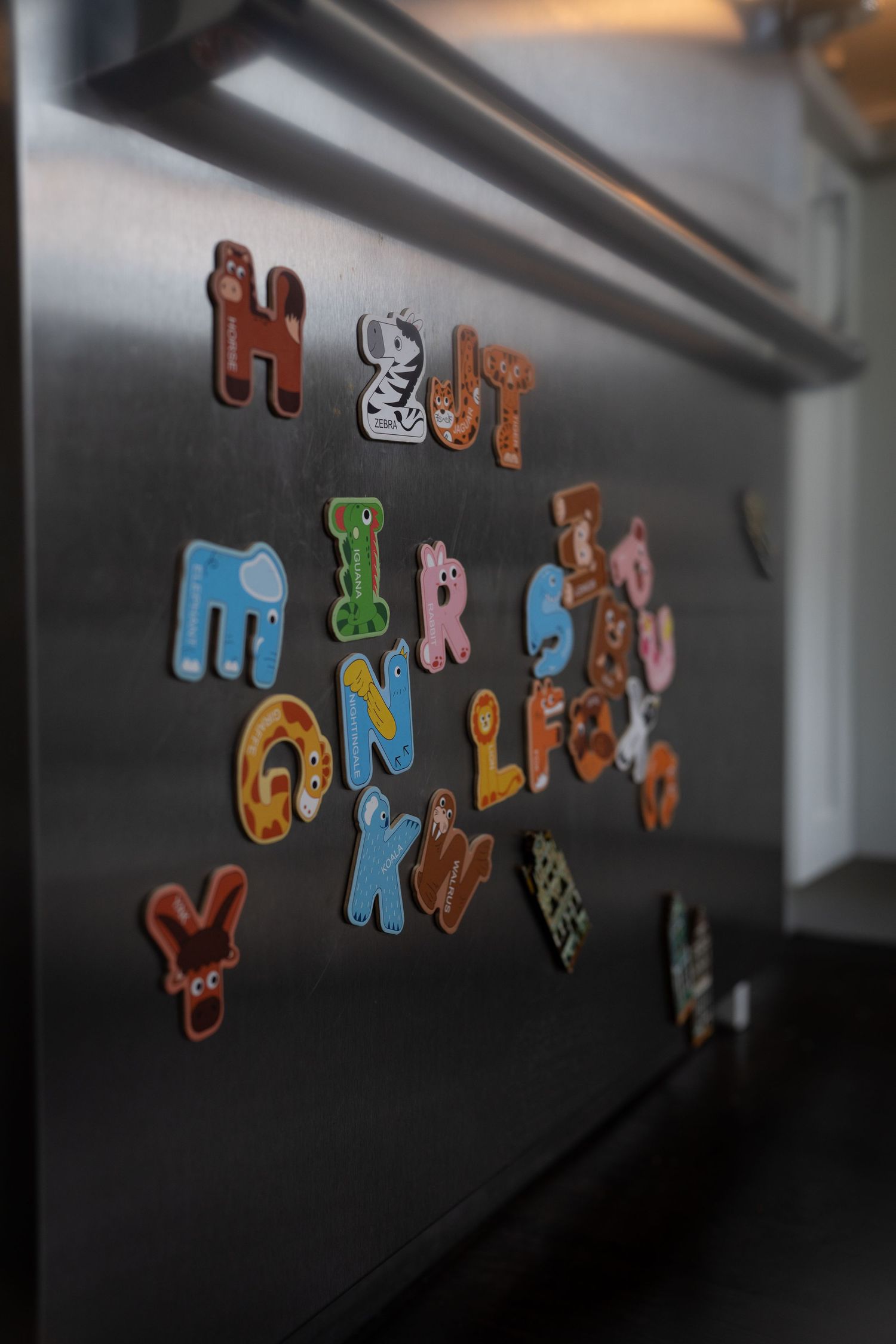 Colorful animal alphabet magnets arranged on a stainless steel refrigerator door, featuring vibrant letters with fun animal designs.