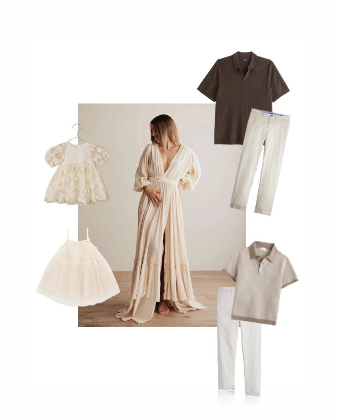 Neutral-toned family outfit flatlay featuring a cream maxi dress, floral girl dress, tulle skirt, brown polo, and white pants.