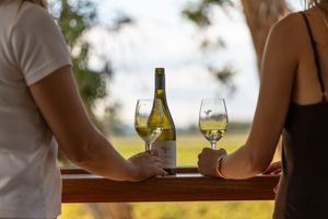 Couple sharing a bottle of white wine with two glasses on a balcony railing.
