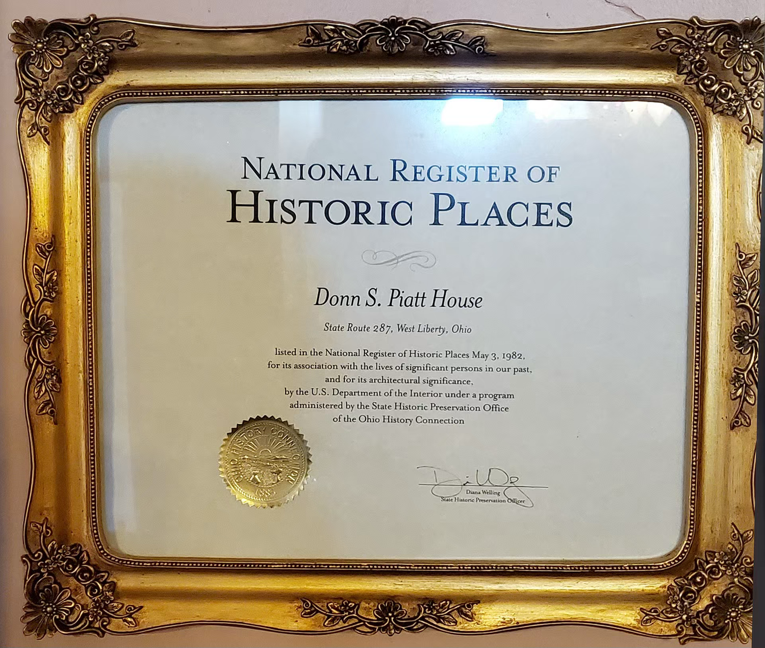 mac-o-chee wedding venue castle Framed National Register of Historic Places certificate for Donn S. Piatt House in a ornate gold frame