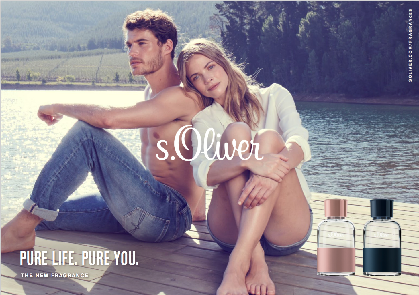 s.Oliver Pure Life Pure You fragrance advertisement featuring couple sitting on lake dock.