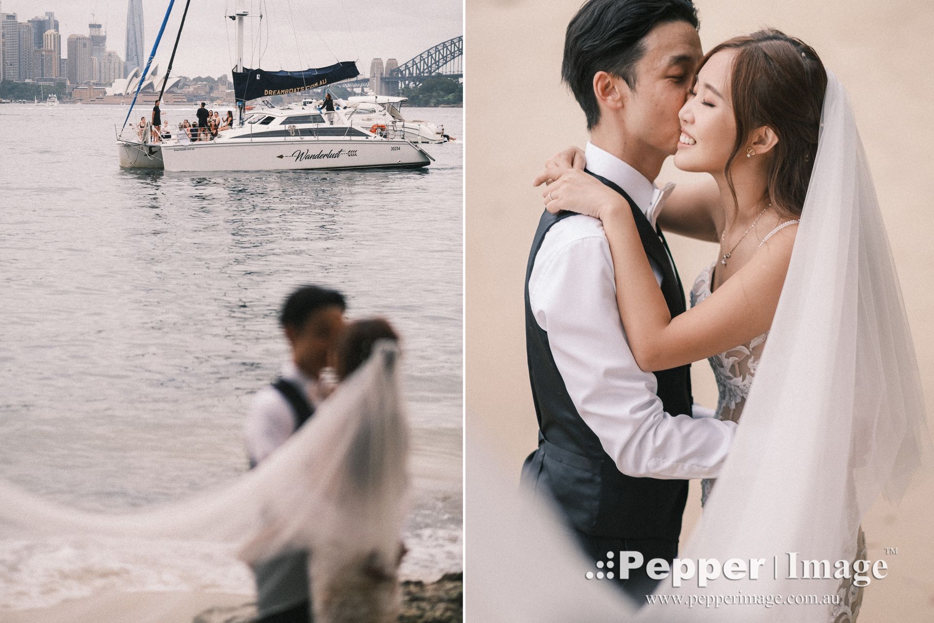 Romantic wedding couple posing near Sydney Harbour with sailboat, and elegant bridal portrait with veil by Pepper Image.