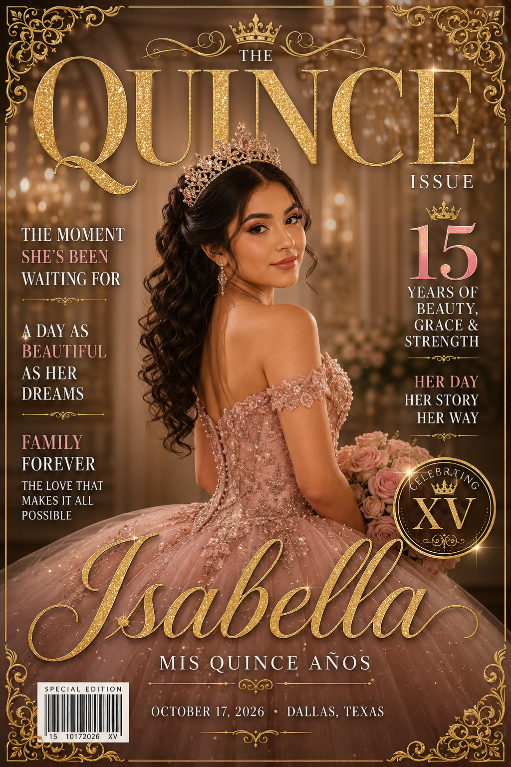 FREE personalized Quinceañera magazine cover for XV portraits, Quince photoshoot pictures, dress poses and custom cover ideas online DFW