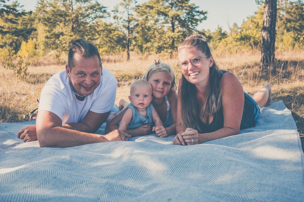 Family of four posing on a blanket outdoors in a sunny field with trees in the background.