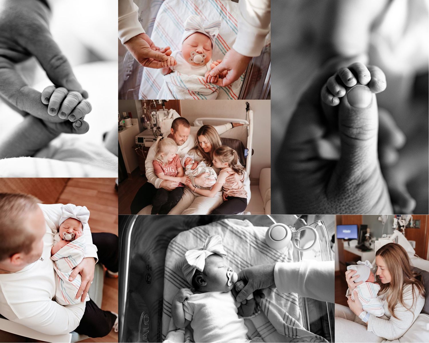 A collage of images of a newborn and family in a hospital room.