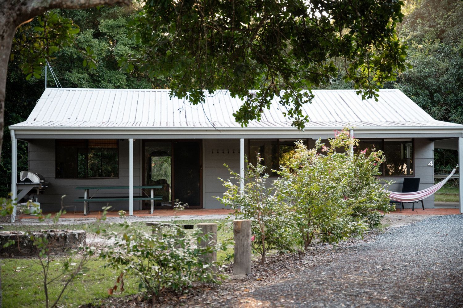 Rustic cottage surrounded by tall trees with sunlight filtering through, featuring a hammock and gravel driveway.