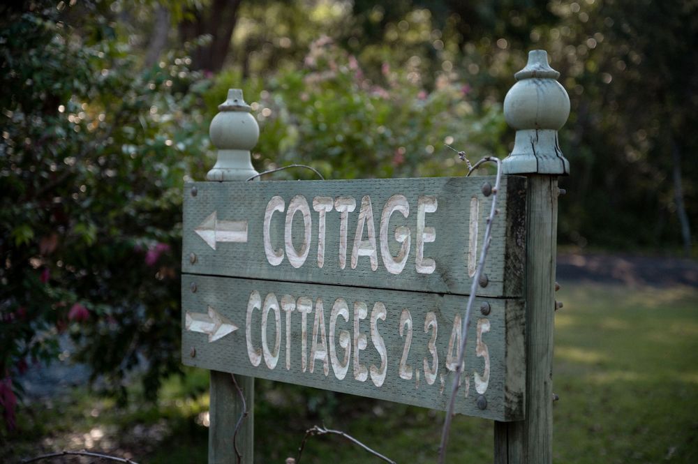 Weathered wooden directional sign pointing to cottage and cottages 2, 3, 4, 5 surrounded by green garden foliage.