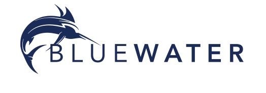Blue Water logo featuring a leaping marlin fish above bold navy blue text on a white background.