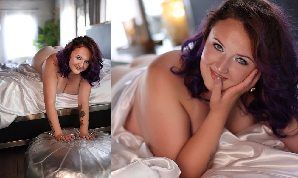 Dual boudoir portrait of a purple-haired woman posing on white satin bedding.
