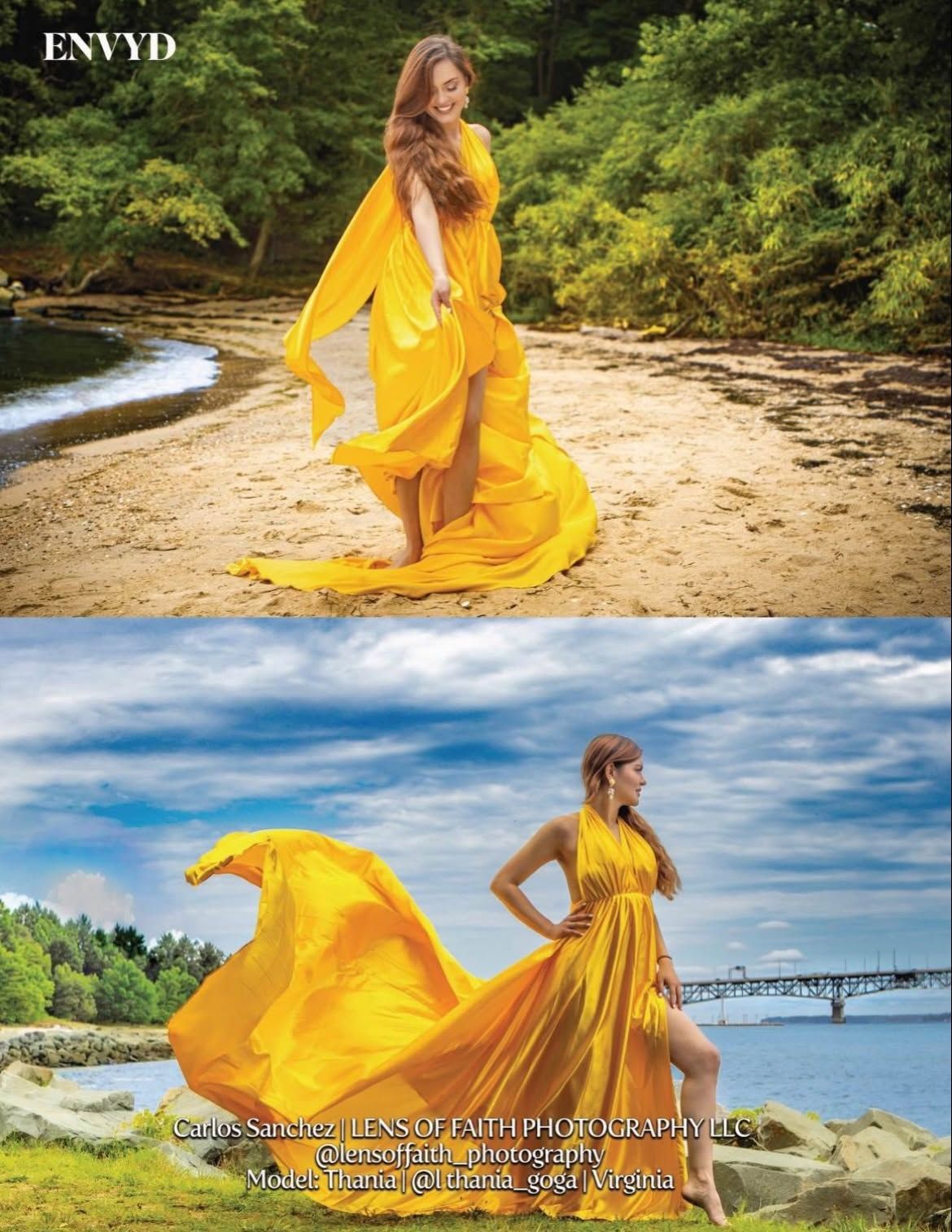 model in a flowing yellow gown posing on a sandy beach and rocky shoreline, with the fabric billowing dramatically in the wind.