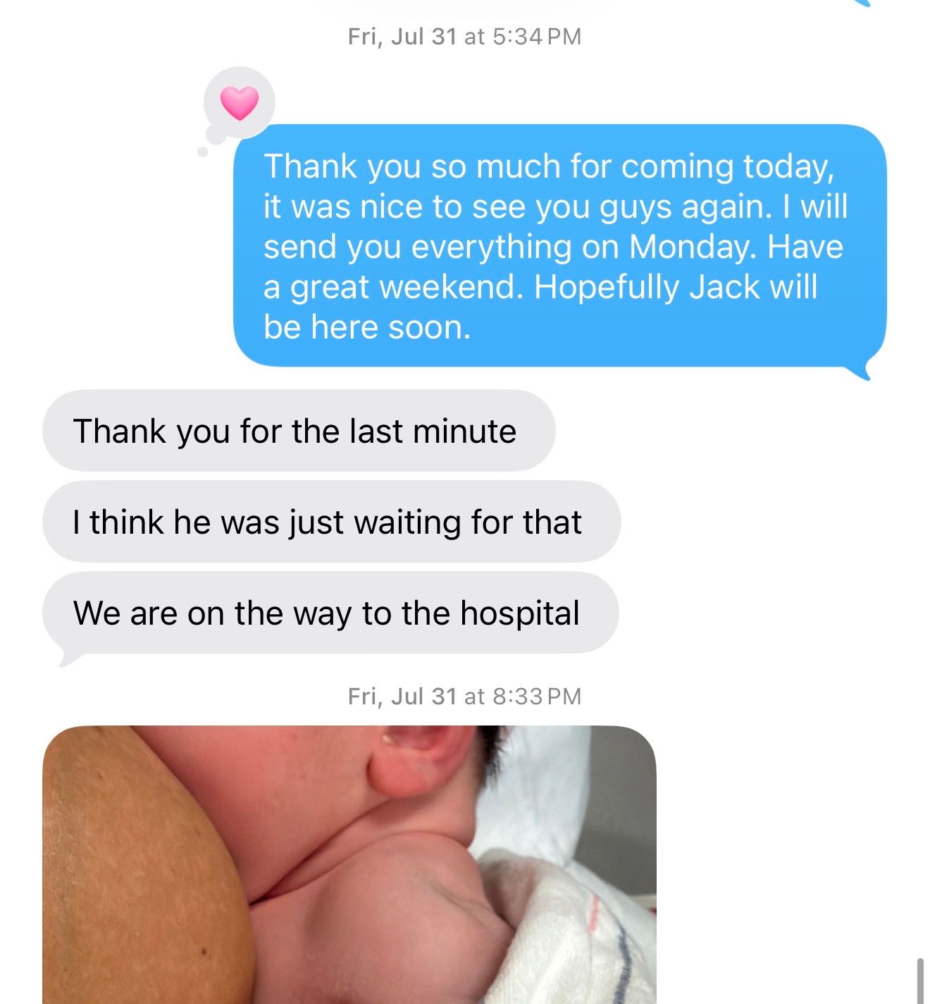 Text message conversation announcing a newborn baby named Jack arriving, with a photo of the infant at the hospital.