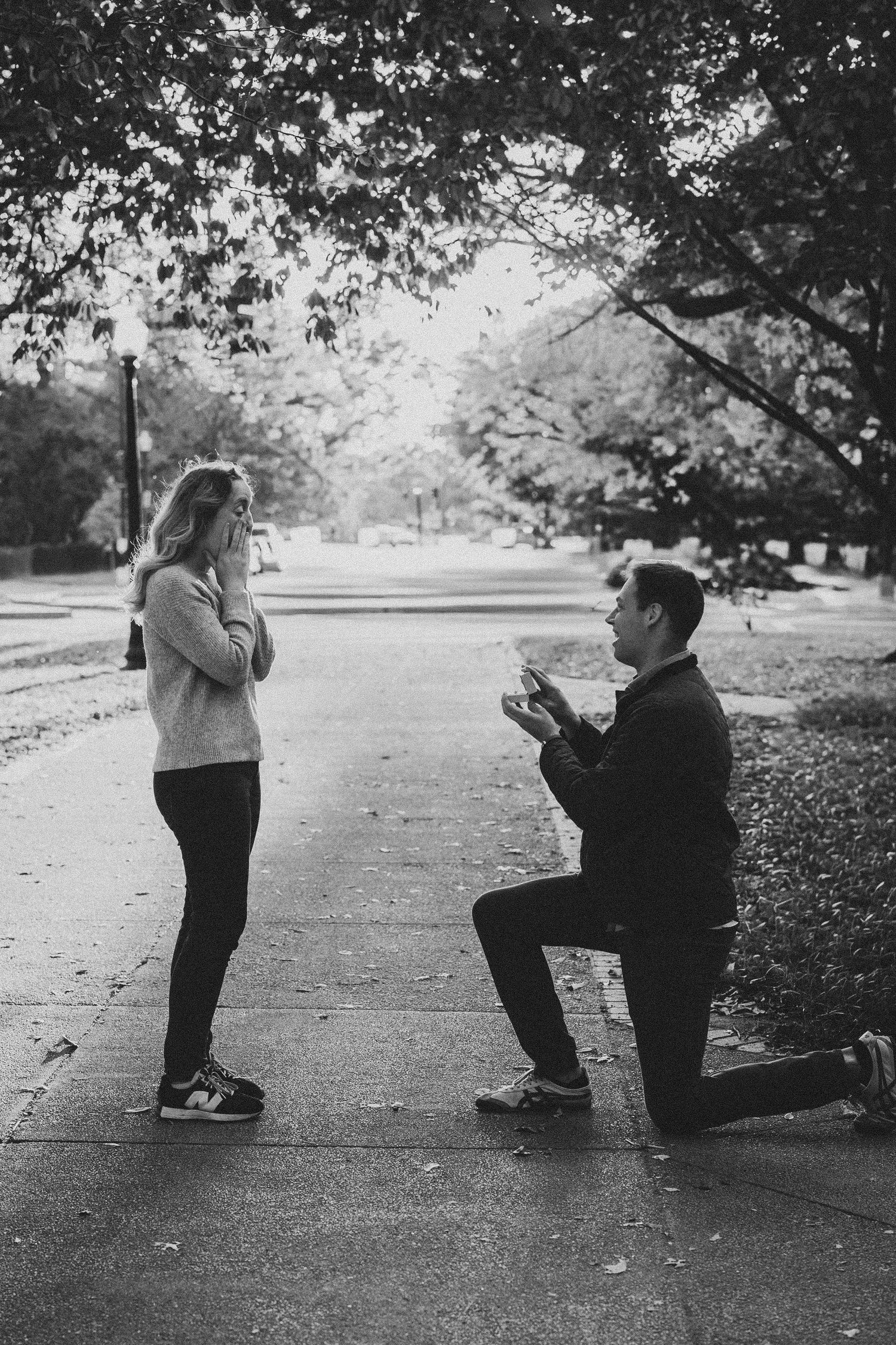 Black and white photo of a man on one knee proposing to a woman on a tree-lined sidewalk.