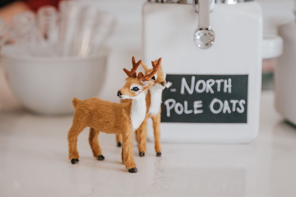 Two reindeer figurines stand beside a chalkboard sign reading North Pole Oats, perfect for Christmas holiday decor.