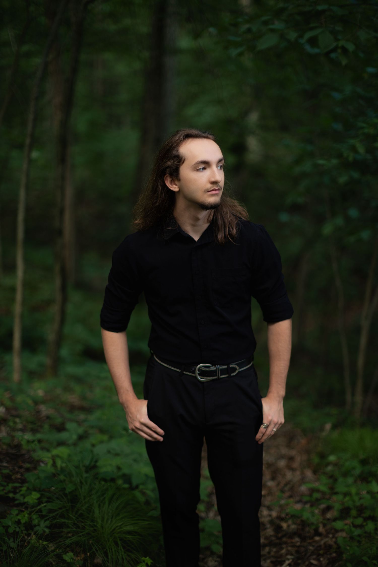 Editorial & moody senior guy with long hair; what to wear inspiration senior boy pictures, style, belt and bling in Brighton, Michigan