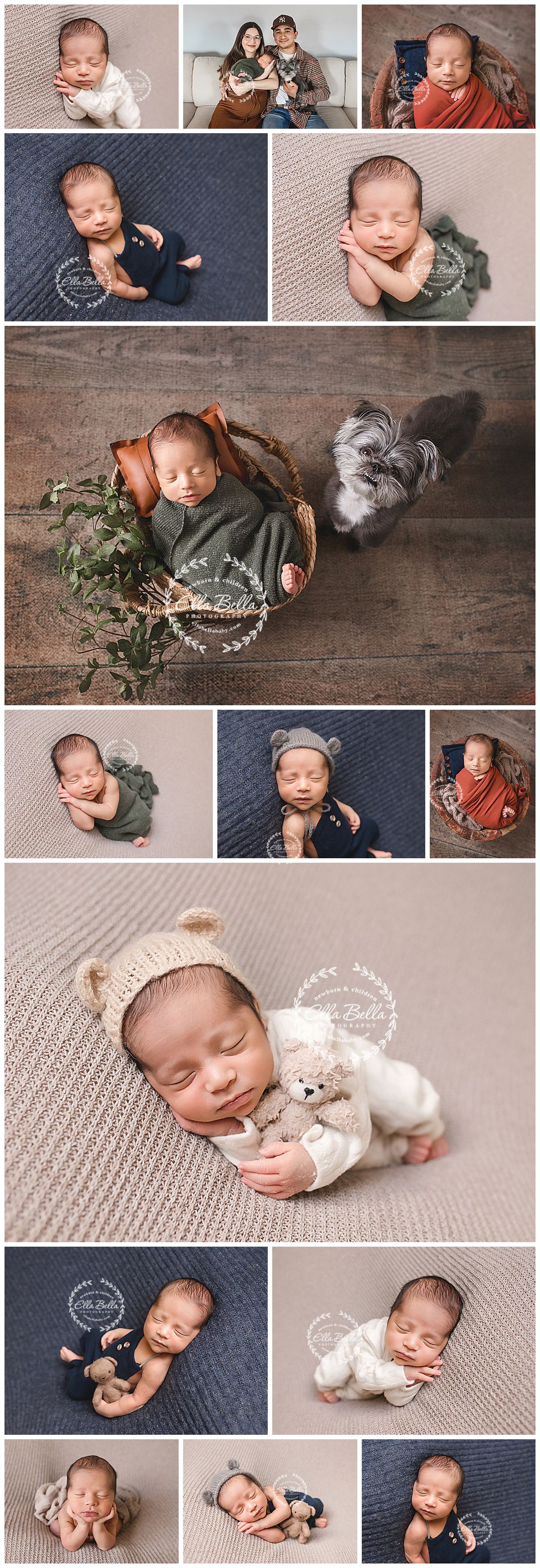 Peaceful newborn baby sleeping with hands under chin on soft beige knit blanket in professional portrait photo.