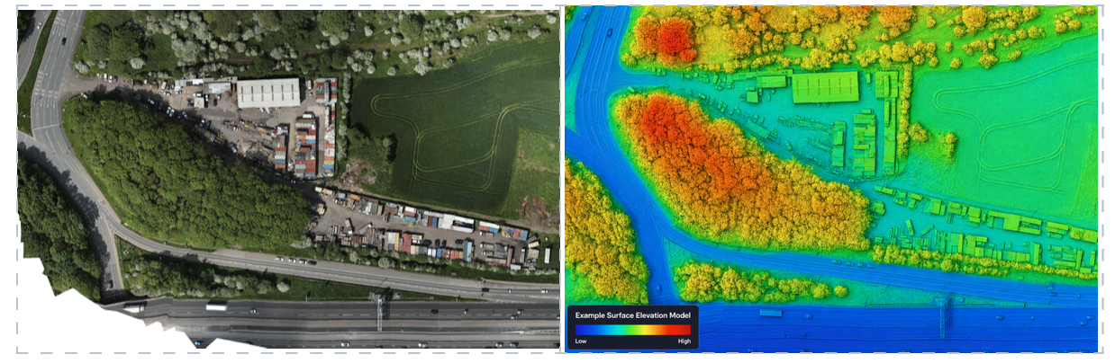 Aerial view and thermal heat map comparison of an urban area near a river, showing infrastructure and vegetation analysis.