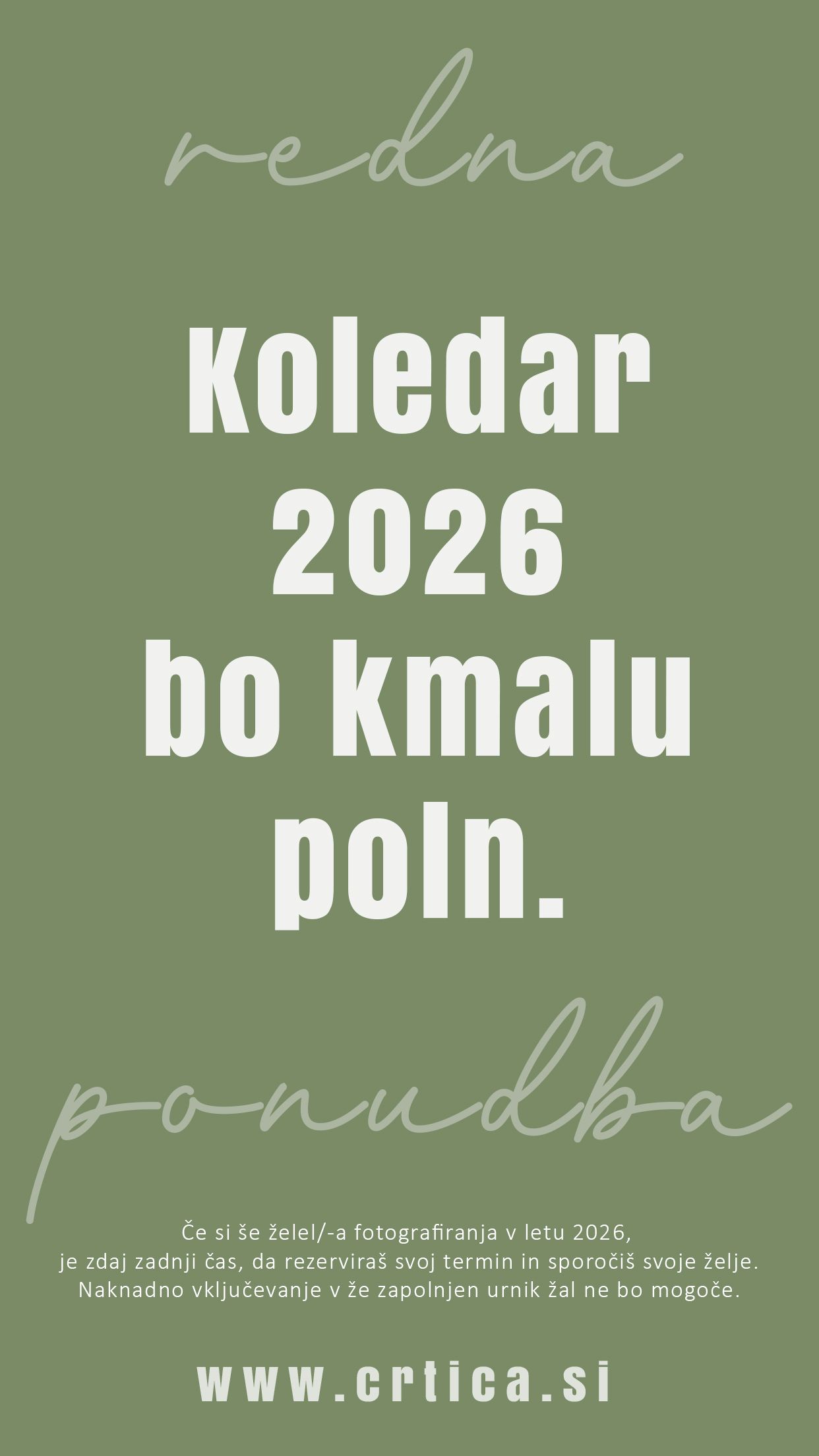 Green promotional poster announcing the 2026 photography calendar filling up, with website www.crtica.si.