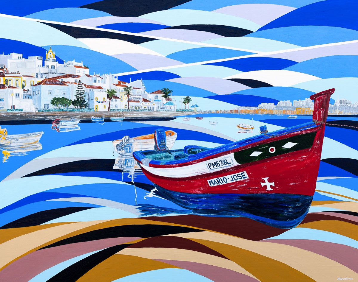 Stylized painting of a red and white lighthouse on rocky shore with bold blue and white wave patterns in the sky.