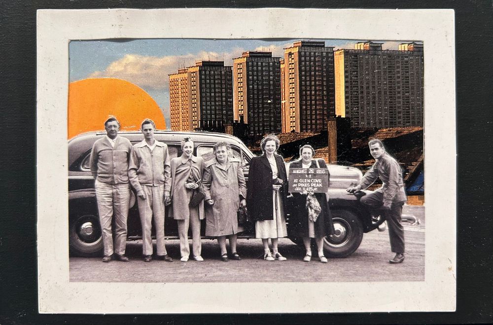 Vintage collage of a family posing by an old car with city skyscrapers and an orange sun backdrop.