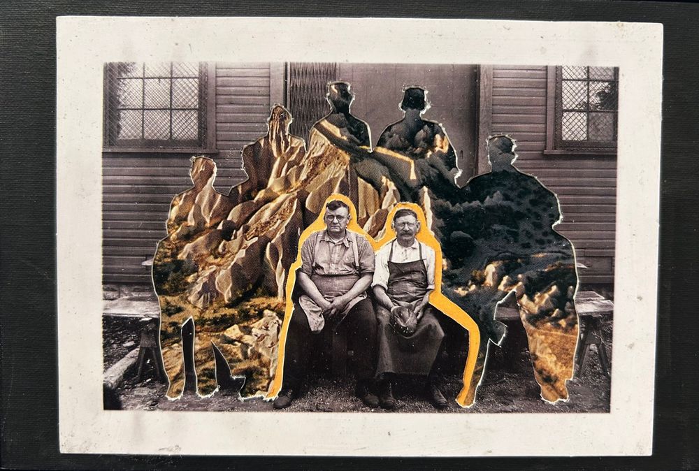 Mixed media collage artwork featuring two seated figures with golden yellow accents and dark silhouettes on vintage photograph.