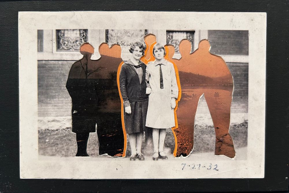 Vintage photo collage with orange silhouettes surrounding two people, dated 7-27-32, mixed media art piece.